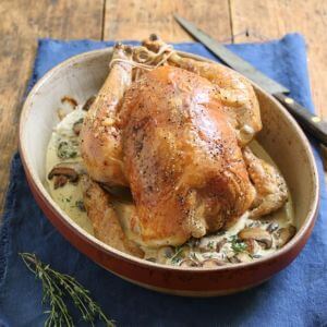 Whole Chicken with Mushroom Cream Sauce (served with two sides)