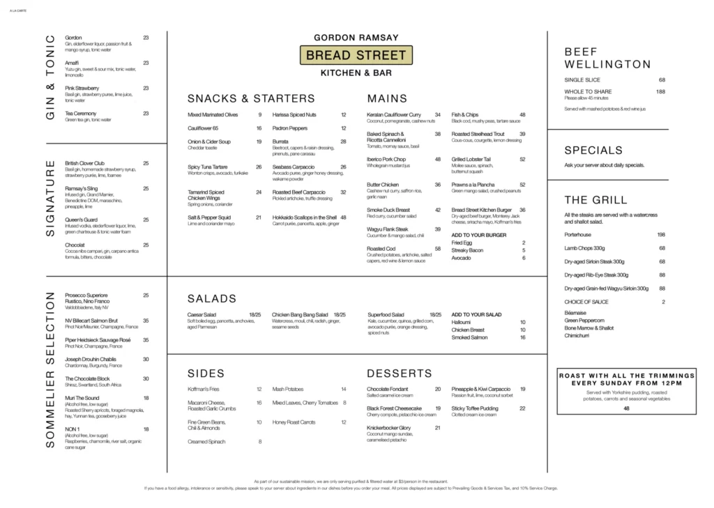 Bread Street Kitchen menu singapore 