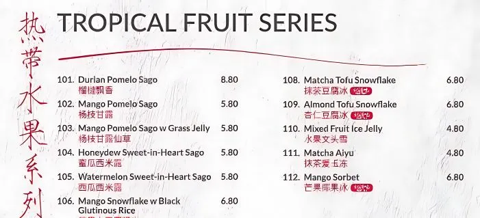 Ji De Chi Dessert TROPICAL FRUIT SERIES Menu singapore