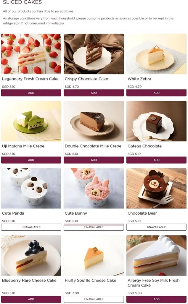 Sliced Cakes Menu In Singapore