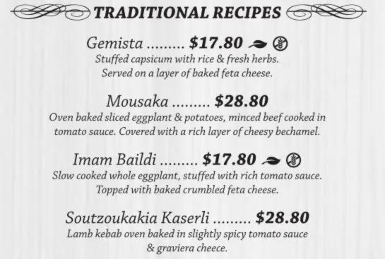 Traditional Recipes menu in songapore