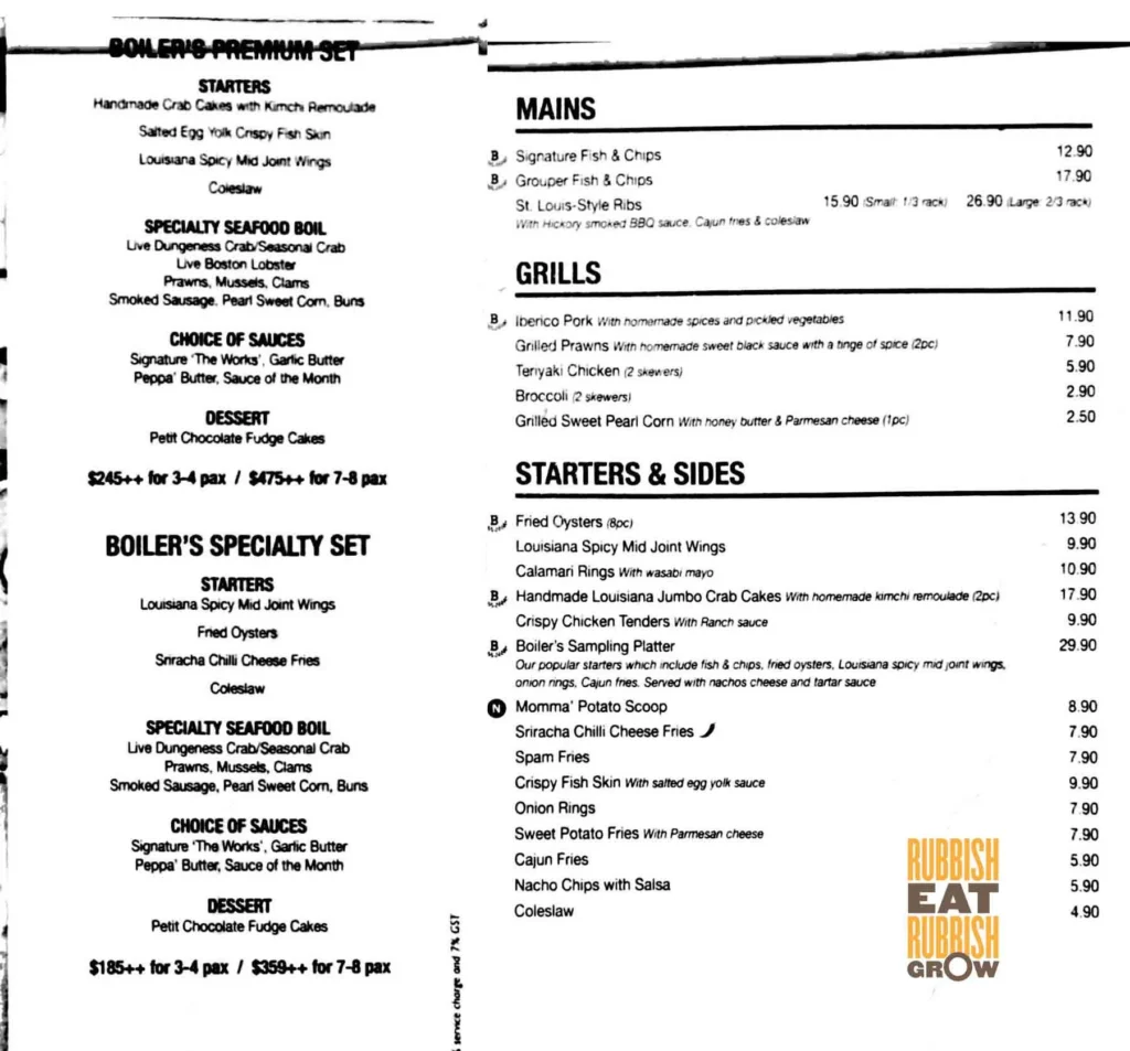 The Boiler Menu singapore