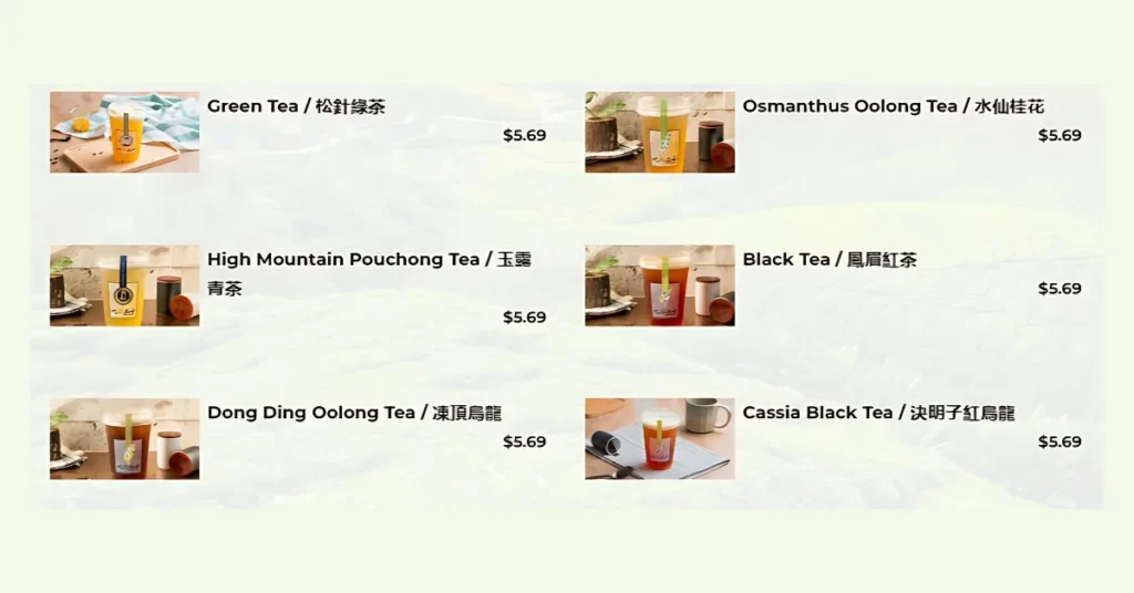 CHICHA's Pure Tea Menu 
Singapore