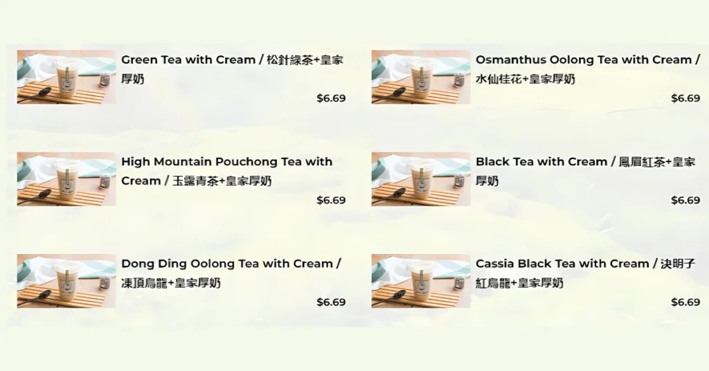 CHICHA's Tea With Cream Menu Singapore