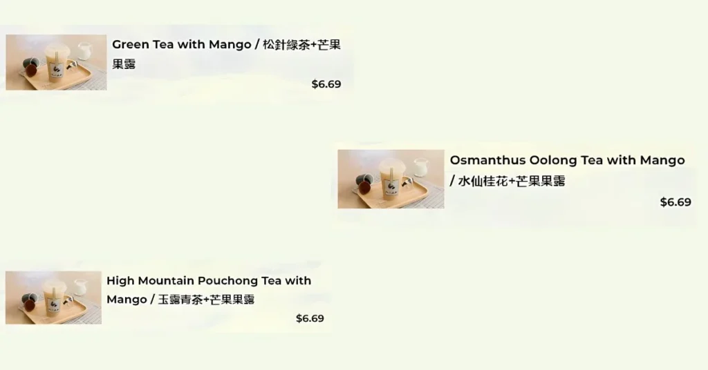 CHICHA's Tea With Mango Menu Singapore