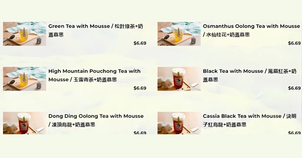 CHICHA's Tea With Mousse Menu Singapore