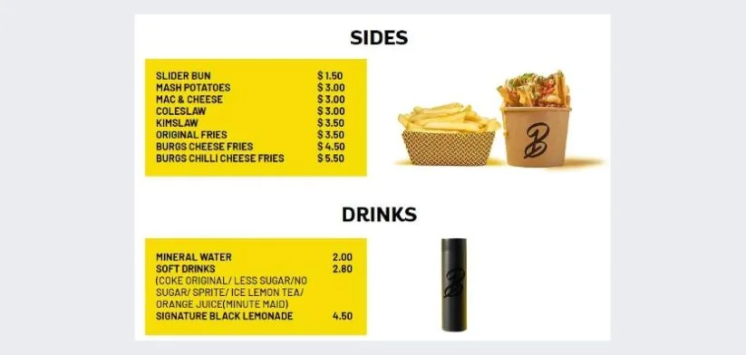 Sides and Drink Menu in singapore 