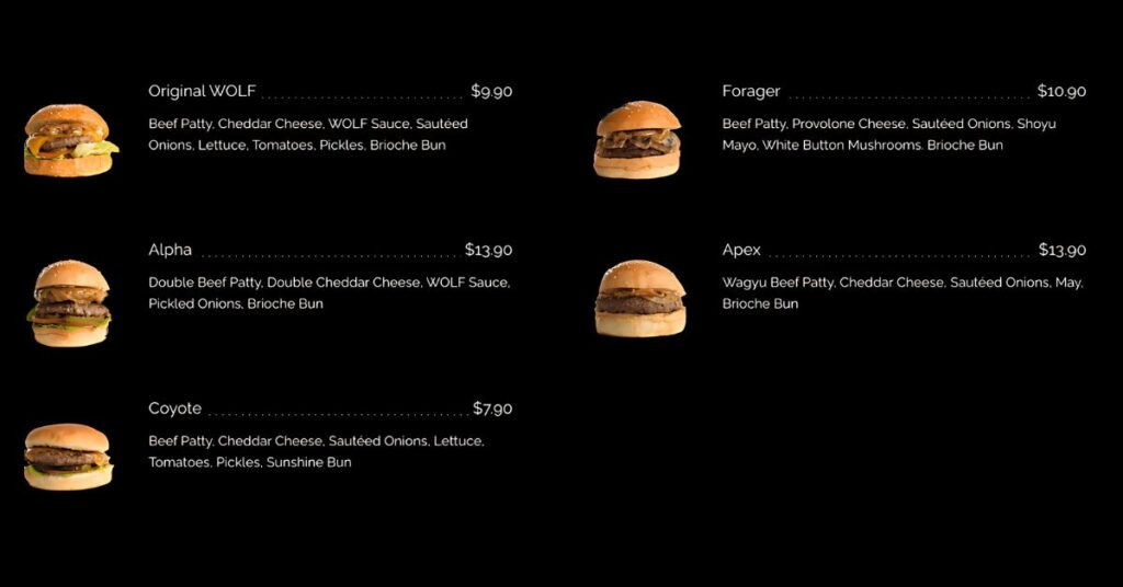 Wolf Burgers Beef Prices Menu