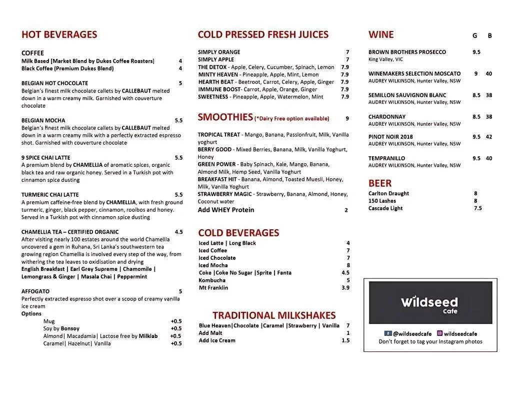 Cold Beverages Menu In Singapore