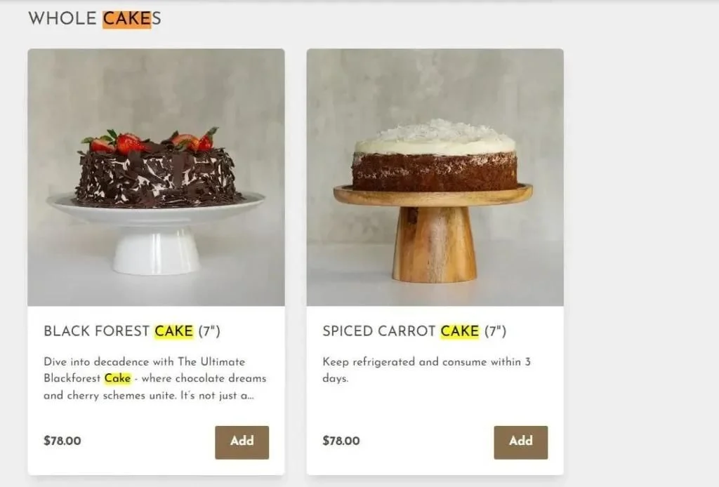 Whole Cakes Menu In Singapore