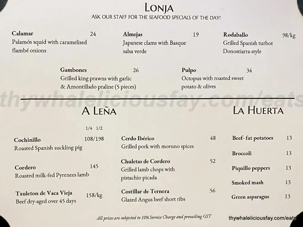 Asador Restaurant A Lena Menu singapore 