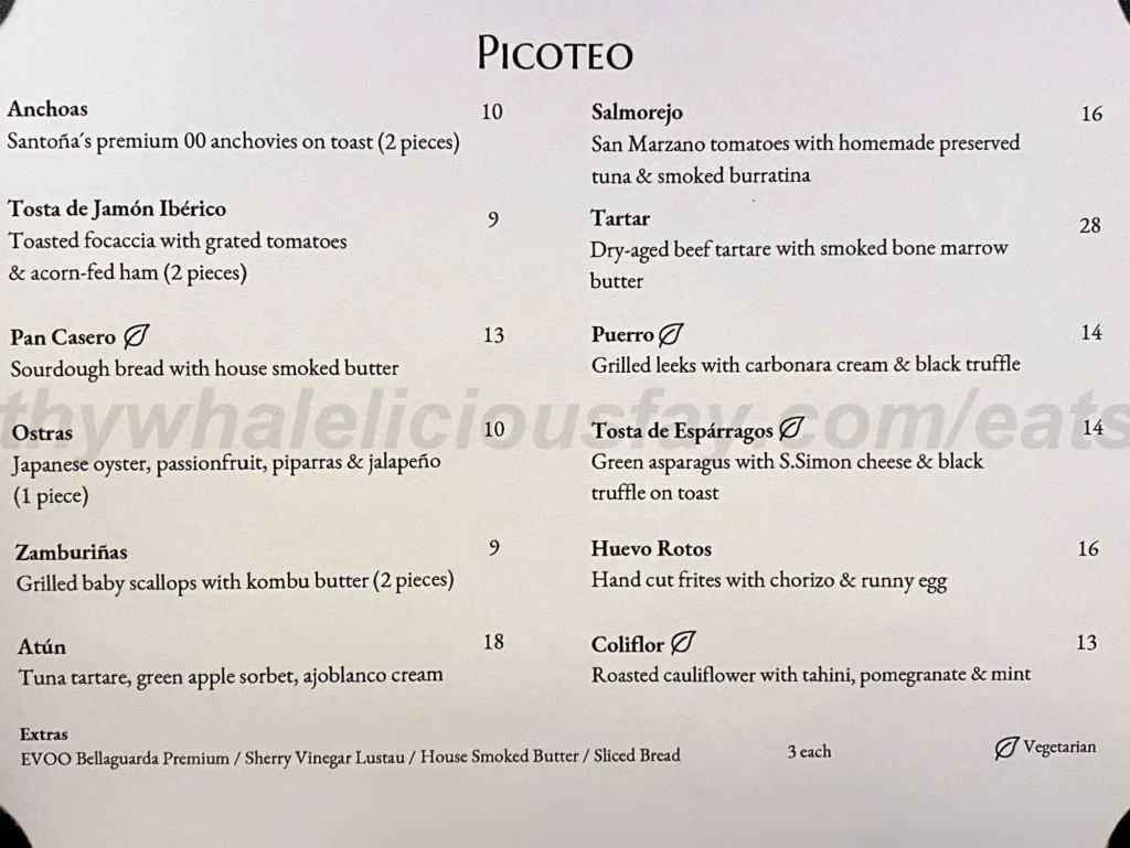 Asador Restaurant Picoteo Menu singapore 