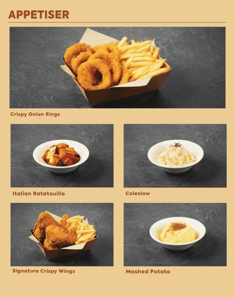 Common Grill appetizers menu in Singapore 2025 featuring Truffle Mushroom Soup, Crispy Mala Chicken Wings, Truffle Fries, and COLLINS Sharing Platter